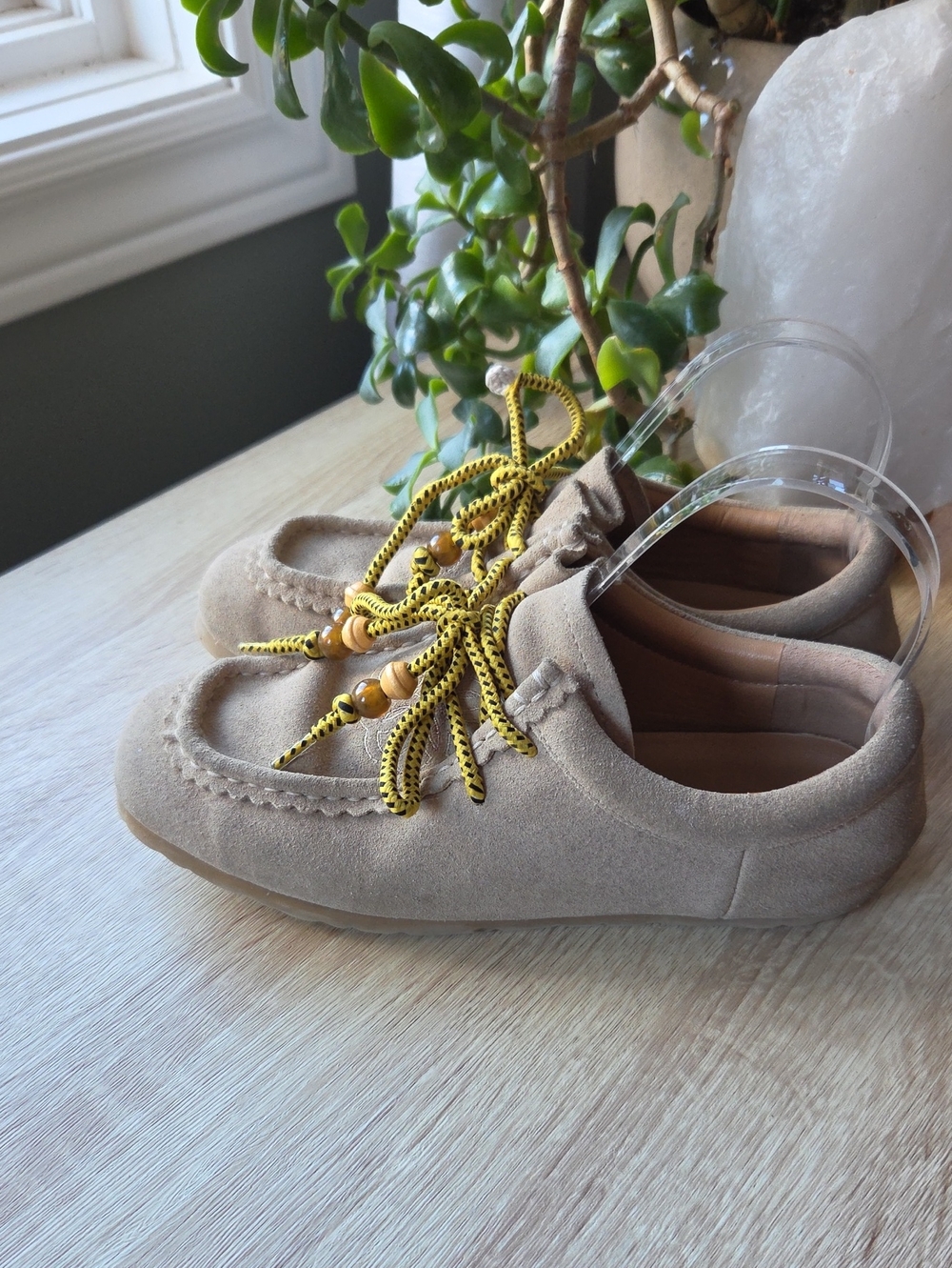 Suede Moccasin Shoes with Yellow Accent Laces